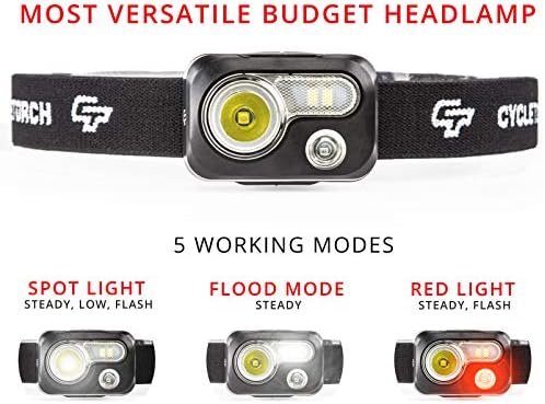Циклус на факел USB USB -полнење на факелот - 230 ламба за глава на лумен, светло бело крем LED + црвено светло, совршено за тркачи, лесна, водоотпорна, прилагодлива лента за