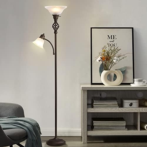 Rayinight Forchiere Подна Ламба За Дневна Соба, LED Стоечка Светлина За Читање За Спална Соба Со Стаклена Сенка За Дневна Соба Аголна
