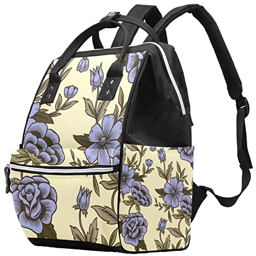 Торба за пелена за бебиња, виолетова цветна ретро жолта позадина Мајчинство Непсан ранец, голема торба за тотали за патувања