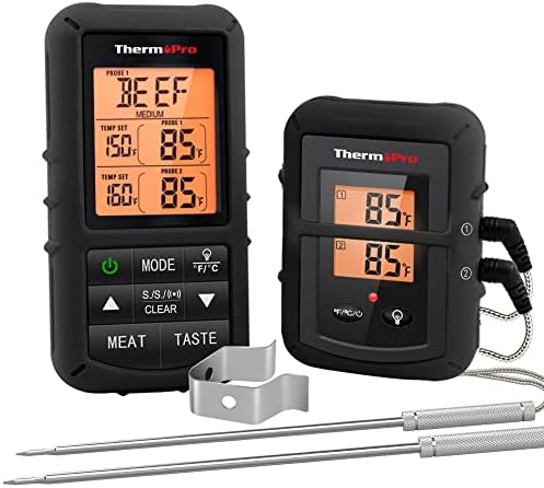 Термопро TP20B Црн 500ft Безжичен Термометар За Месо Со Двојна Сонда За Месо, Дигитален Термометар За Храна За Готвење Месо Безжичен