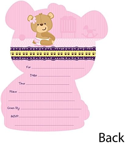 Бебе девојче Теди мечка - Полнења за полнење во облик - картички за покани за туширање за бебиња со коверти - сет од 12