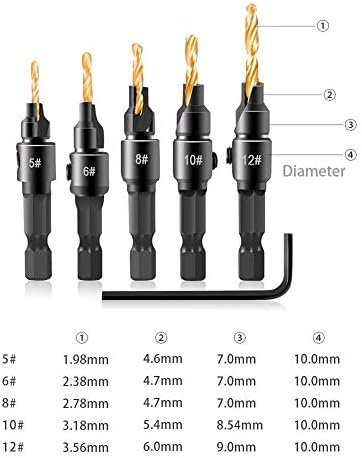 5pcs countersink вежба за вежбање на дрво за вежбање на пилотски дупки за дупчење за големини на завртки5681012