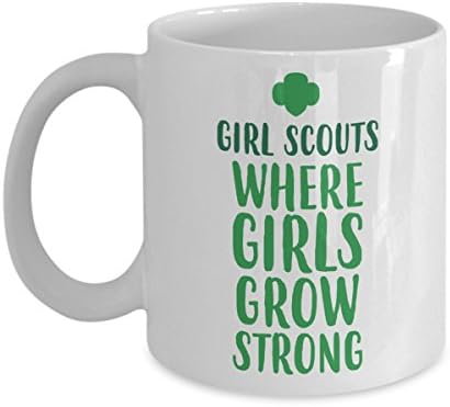 Каде што девојките растат силни - Девојки извидници кафе кригла, бела, 11 мл - уникатни подароци од хумгус