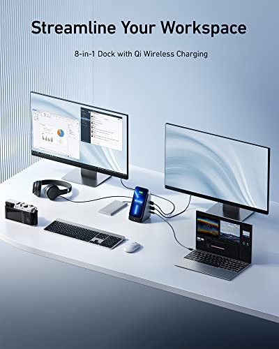 АНКЕР 651 USB-C Dock, 8-во-1 Докинг Станица, Чи-Сертифициран 10W Макс Безжично Полнење &засилувач; Anker 8K@60Hz HDMI Кабел, Ултра Голема