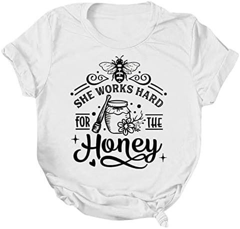 Дами пчели фестивал маици лето обични лабава лабава кратки ракави врвови смешни пчели среќни букви печатени пуловерски маички