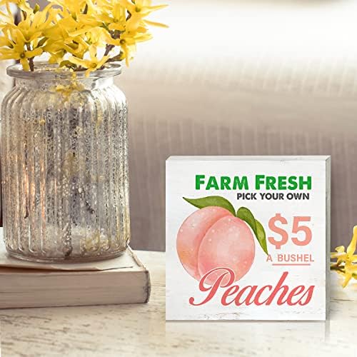 Фарма куќа Фарма свежи праски Дрвени кутии знак за биро за декор 5 x 5 инчи лето овошје праска кутија знак дрво плакета блок