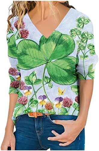 Смешна маица на Сен Пат Патрик В-врат за жени за жени се тркалаат со долга ракав блуза ирска шама за печатење на кошулата Детелина