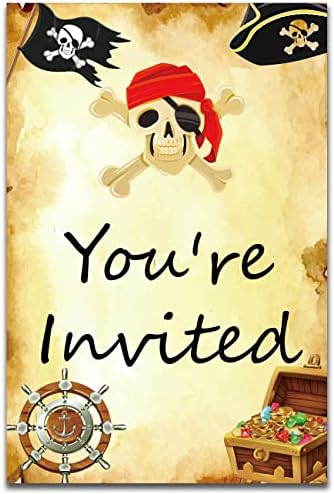 Покани за роденденска забава за пиратски сет од 20 со пликови за богатство мапа за пиратски деца, поканува картички за материјали, двострана