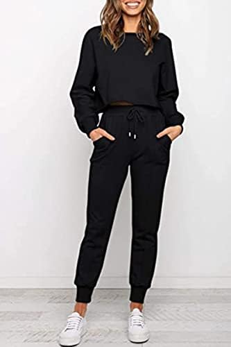 Esonlarенски женски 2 парчиња облека од потта од цврста боја со долги ракави, врвни панталони, панталони за панталони