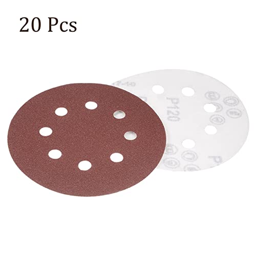 Козело 20 парчиња дискови за пескање на кука и јамка - [5 инчи x 120 решетки] Алуминиумски оксидни песочни песоци за орбитални сандер за пескарење, 8 дупки