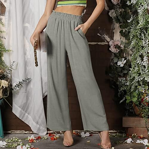 Женски обичен еластичен половината удобна широка памучна лента панталони со џебови жени лето палацо лабава јога танцува панталони
