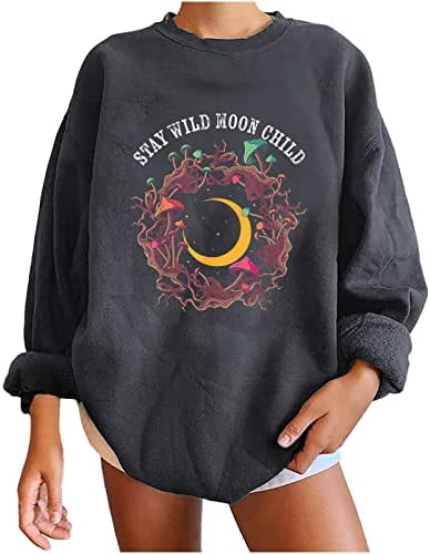 Останете дива месечина Детска женска буква графичка пулвер џемпер за преголема гроздобер печатење обични врвови со долг ракав