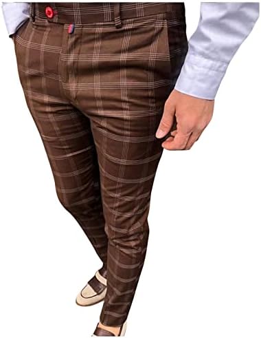 Карирани панталони за фустани за мажи обични тенок вклопни панталони истегнуваат лесни деловни панталони за моливки Работни панталони