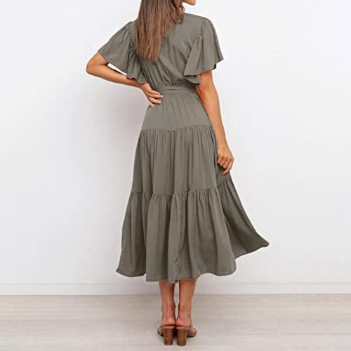 Longенски долги фустани летни обични V-вратот цврста боја кратка ракав вратот на вратот, бохо фустанот