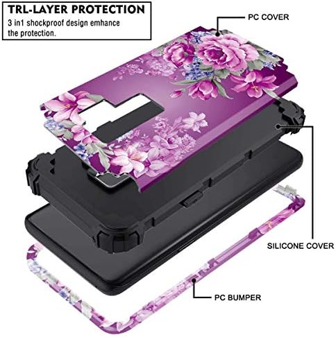 Компатибилен Galaxy S9 Case Case Floral 3 во 1 Hybrid Hybrid Creddy High Phickpruof Shockproof Cock Cover Case за Samsung Galaxy S9, Purple Flower