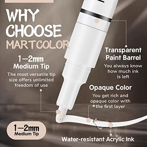 Пенчиња за бела боја MartColor - 6 пакувања со акрилна боја маркер за карпести сликарство, камен, дрво, платно, стакло, метал, металик, керамика, гума, хартија, цртање, обел?