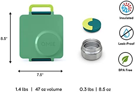 Омибокс Бенто кутија за деца - Изолирана кутија за ручек со тегла за доказ за истекување - 3 прегради, две температурни зони -
