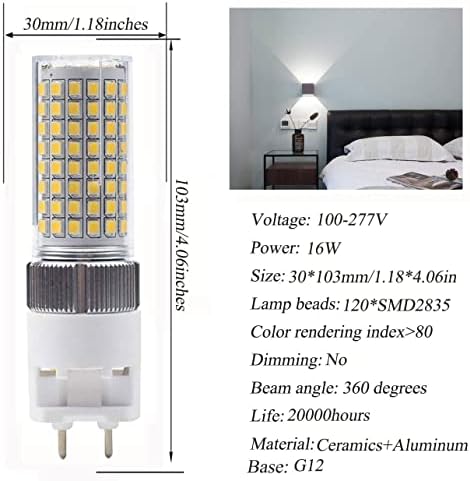 4-Пакет 16W G12 LED Сијалица Метална Рачка Светилка 2 Пински База LED Декоративна Сијалица, Неутрална Светлина 4000K, AC100-277V За Гаража