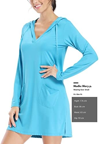 Вилит женски памук со долг ракав, памук, прикријте го upf 50+ SPF фустан со качулка со џебови за заштита на сонцето за заштита