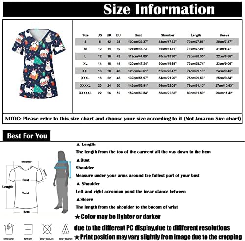 Chrign'sенски моден Божиќен печатење на врвови на блуза класичен V-врат Краток ракав работна облека за медицинска сестра униформа
