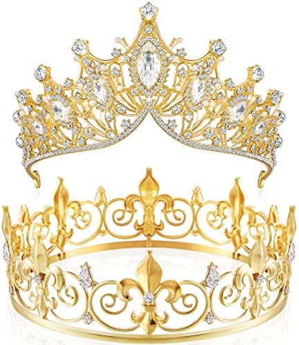 2 Парчиња Златни Круни За Мажи Жени Барокна Кралица Краун Крал Метал Принц Дијадема Принцеза Кристална Лента За Глава Кристална Матурска