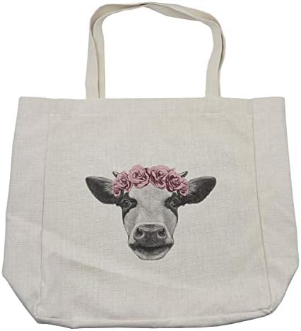 Торба за купување на животни Амбесон, скициран портрет на крава со венец од рози, еколошка торба за еднократна употреба за плажа