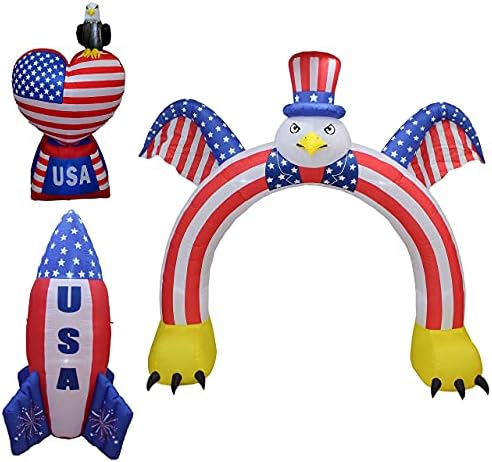 Три пакети за украси на патриотски забави вклучуваат 5 нозе високи надувување loveубов срце со орел, чичко на надувување со должина од 6 нозе на ракета и 9 нозе високи н