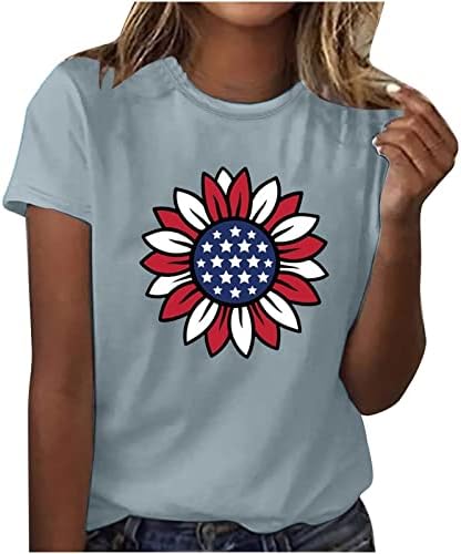 Денот на независноста маички врвови за жени 2023 лето кратко ракав Американско знаме Печатено сончогледни графички кошули пуловер