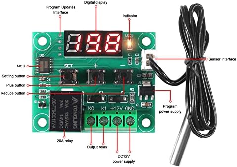 Diitao 4PCS W1209 Модул за контролер на температурата, LED дисплеј Дигитален термостат модул со Case DC 12V Електронски прекинувач