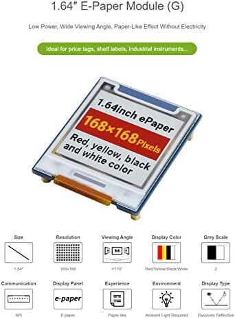 1,64 инчи квадратен модул за е-хартија за малина Пи/etsетсон Нано, црвено/жолто/црно/бело четири бои Е-мастило, екранот 168 × 168
