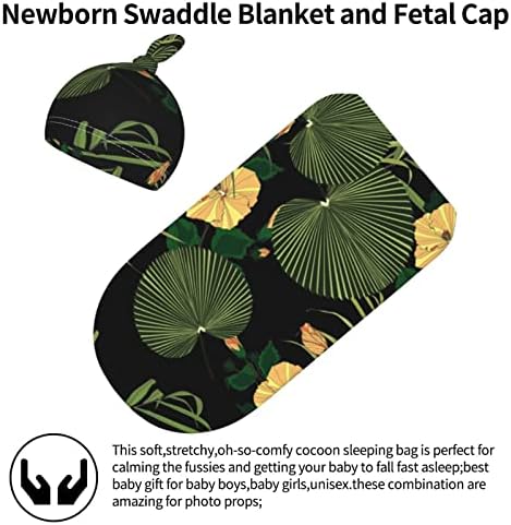 Тропски лисја бебешка вреќа со кожурец, едноставна swaddle со сет на beanie, меко затемнето удобно ќебе за примање за новороденчиња и новороденчиња 0-6 месеци