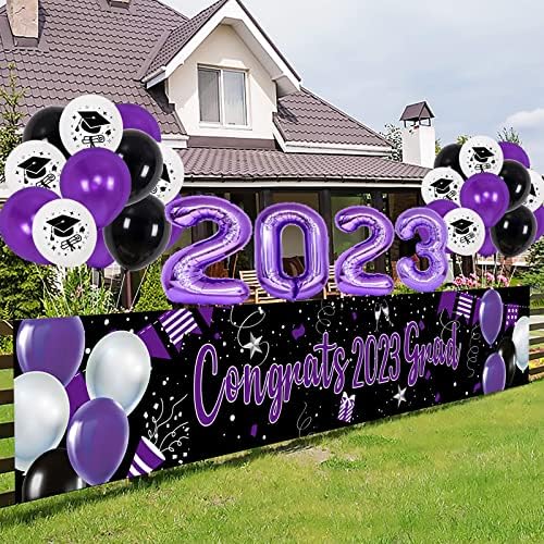 2023 Декорации За Дипломирање, Виолетови И Црни Украси За Забави За Дипломирање Со Честитки 2023 Позадина На Банер За Град, Балони Од Латекс И Балони За Дипломирање 2023, ?