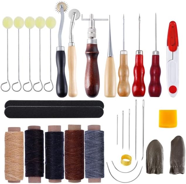 31 парчиња професионални кожни занаетчиски алатки комплет за шиење на рака за шиење за шиење на шевовите за резба работа седло Гровер Поставете додатоци Восок нишк?