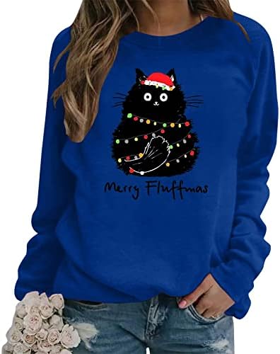 Tunuskat женски смешни божиќни маички весели весели мелки со долги ракави кошули слатки црни масти мачки графички мачки симпатични Божиќни