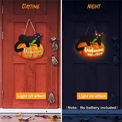 Апесо Ноќта на вештерките тиква добредојде на вратата со светлина, црна мачка ＆ трик од тиква или третирајте дрвен знак за виси, среќни