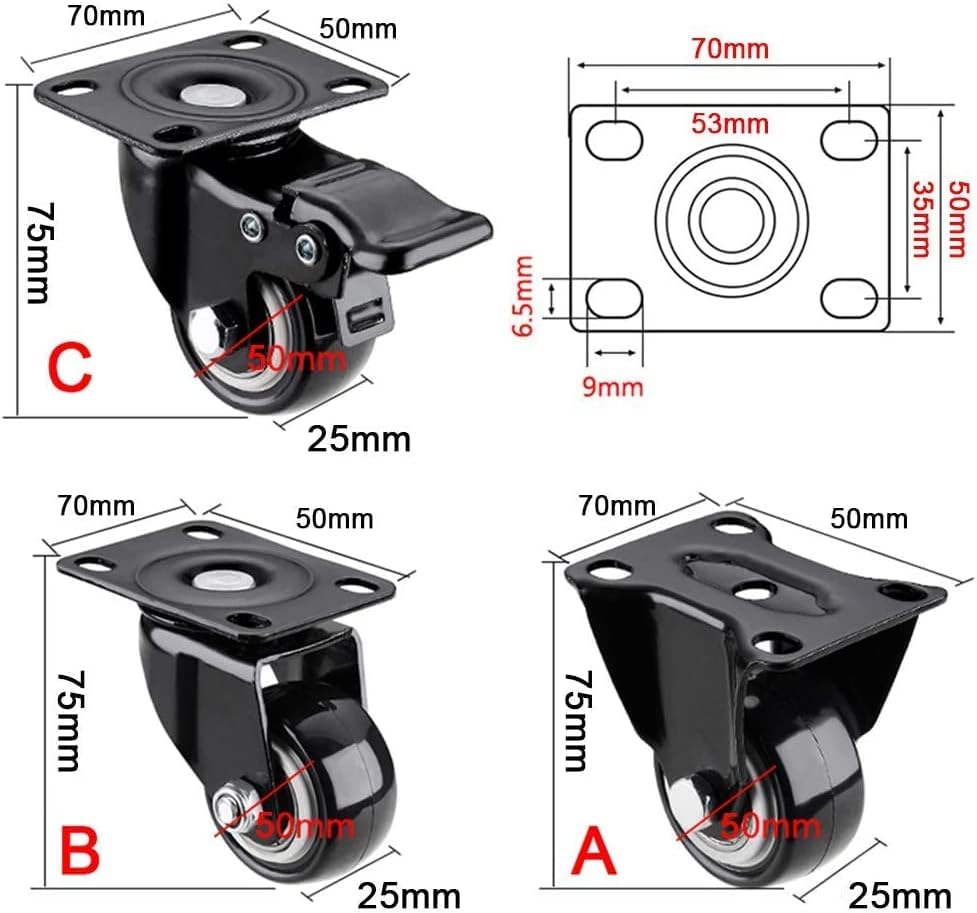тркалца 50мм Црно Вртливо Тркало За Тркало За Движење На Мебел, Фиксни Тркалца/Вртливи Тркала За Тркала/Сопирачка/Едно Тркало За Тркала 45кг, Заменете Ја Тркалцето За
