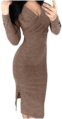 Нокмопо Плус Големина Фустани Мода Обична Еднобојна Еднобојна Отворена Задна Појас Крст В-Вратот Торба Колк Тенок-одговара