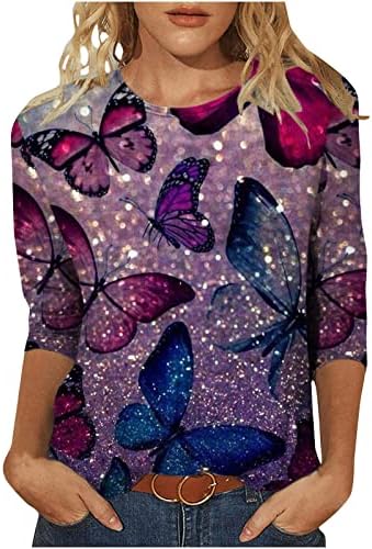 Есен лето обична блуза женски моден долг ракав 3/4 ракав памучен екипаж врат графички лабав вклопување врвен маица за дама