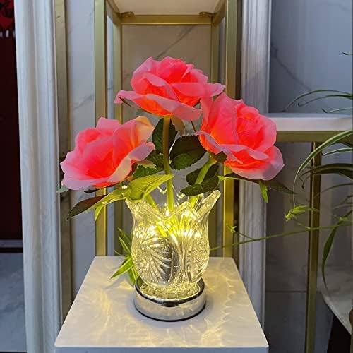 Yunbiaosen розова LED роза маса за ламба ноќно светло со стаклена вазна вештачки цвеќиња Допрете мала ноќна светлина за украси за украси за домашни украси Идеја за подаро