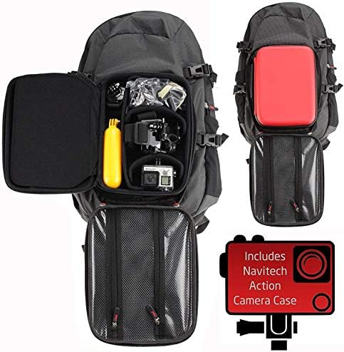 Ранец на ранец и црвена складирање на камерата Navitech со интегрирана лента за градите - компатибилен со акционата камера AEE Lyfe Silver