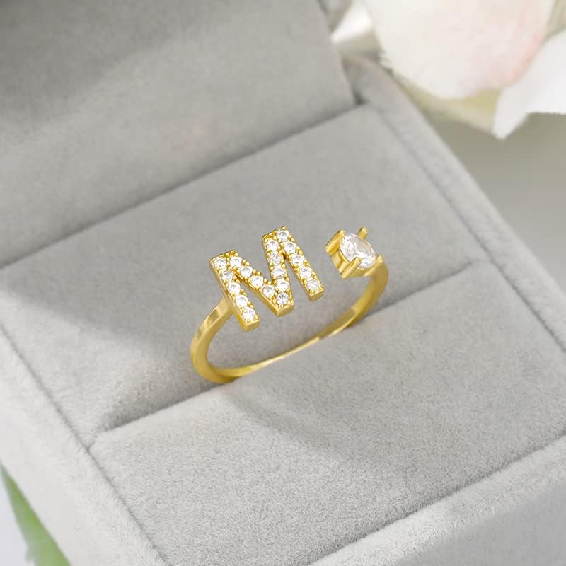 T3STORE Nitial A -Z 26 буква прстен за жени со двојка ангажман Свадба накит ШАРМ РИНГ Прилагодлив циркон прстен - златна боја - Распоредност