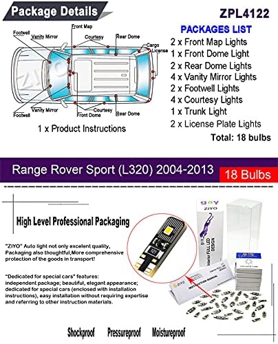 Зијо ZPL4122-LED Внатрешни Светлината Комплет Замена За Земјиште Rangeер Опсег Rangeер Спорт L320 2004-2013, 6000K Ксенон Бела