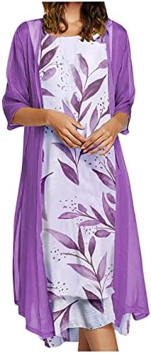 Облека за одмор на плажа Fragarn за жени, женски обичен моден печатење о-врат со средна должина со две парчиња сет фустан