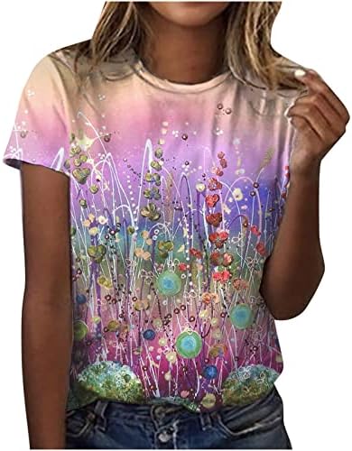 Tee жени есен лето облека со краток ракав трендовски екипаж врат памук цветна графичка двојна блуза кошула за девојчиња 39