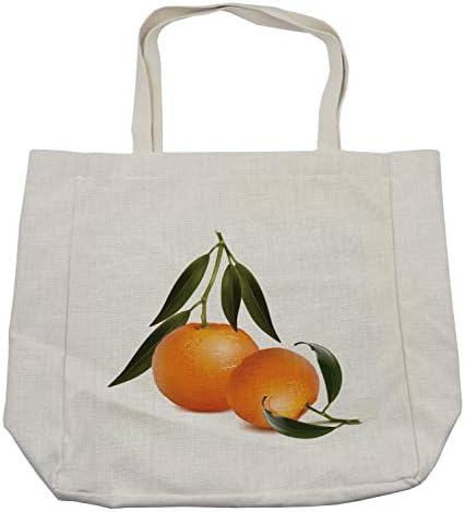 Амбесон зелена и портокалова торба за купување, свежа мандарина со зелени лисја агруми со тематска илустрација, еколошка торба за еднократна