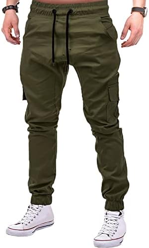 Uofoco карго панталони мода цврста боја машка спортска боја завој во боја, обични лабави џемпери за џеб со џеб