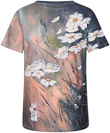 Есен летен блуза за девојчиња за кратки ракави екипаж со памук со памук, графички печати цветни салон, ib ib ib