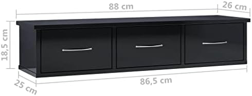 Полка за фиоки Keenso, 88 x 26 x 18,5 см иверица за ивеки со висока сјајно црно за влез за дневна соба