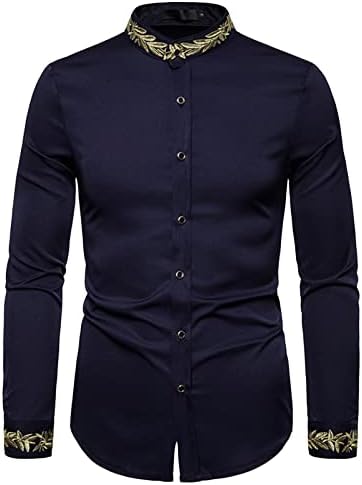 Машки кошули за луксузни фустани извезени копче со долг ракав надолу со кошула тенок вклопувачки моден печатен памук кошула