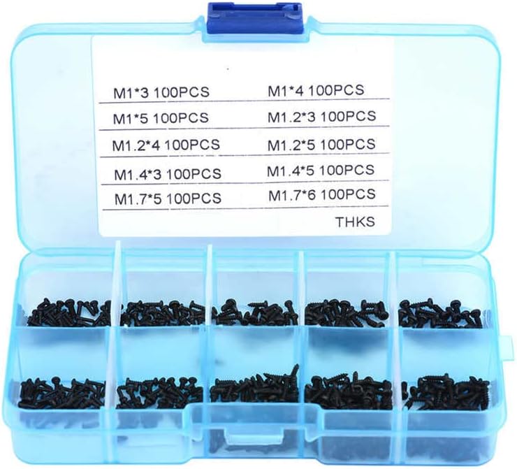 1000 парчиња мали завртки за завртки за само-прицврстувачи за асортиман со пластични кутии M1 M1.2 M1.4 M1.7 Прицврстувач за завртки